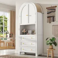 OKWISH Armoire de Rangement - Buffet Haut 3 Tiroirs et 2 Portes, Étagère Ouverte, pour Cuisine et Salon, Blanc