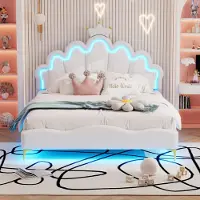 Sweiko 140 x 200cm Lit double plat, lit de princesse en forme de couronne,bande lumineuse d'ambiance LED ajustable, blanc