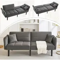 MODFU Canapé Droit Convertible - 2 Places Accoudoirs Rabattables Tissu Velours Gris