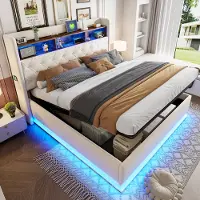 OKWISH Lit Coffre 180x200 cm - Lit Double en Tissu Lin Beige avec Éclairage LED, Port USB et Coffre de Rangement Hydraulique, Sans Matelas