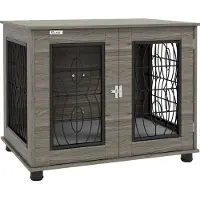 PawHut Cage pour chien pour la maison, niche avec coussin, porte avant verrouillable, gris