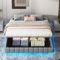 MODFU Lit Coffre Double 180x200 cm - Avec Rangement Spacieux et Sommier Relevable, Bande LED Intégrée - Tissu Lin Gris