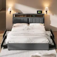 Sweiko Lit double avec 4 tiroirs et prise USB C, Lit rembourré 160x200cm, Tête de lit réglable en hauteur, Sommier à lattes en boisSans matelas