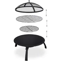 Relaxdays Brasero , Ø cuvette 51 cm, pieds repliables, grille de cuisson, pare-étincelles, tisonnier, foyer de jardin, noir