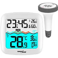 Greenblue Station de température avec thermomètre de piscine Thermomètre de piscine numérique sans fil Thermomètre flottant Piscine SPA Fonction horloge radio DCF