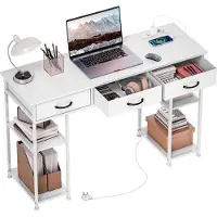 HOMCOM Bureau d'ordinateur avec 2 prises de charge USB et 2 prises de courant, bureau avec rangement 120 x 40 cm, étagères réglables et 3 tiroirs en tissu, poste de travail, cadre en acier, blanc