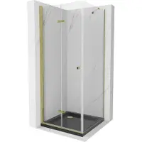 Mexen Lima Paroi de douche pliante 90 x 90 cm, Transparent, Or + Receveur de douche plat, Noir - 856-090-090-50-00-4070G
