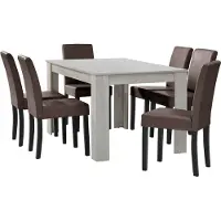 En.casa [] Table de salle à manger en chêne blanc avec 6 chaises en similicuir marron rembourré 140x90 Groupe de salle à manger