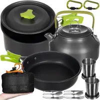Trizand Set de cuisine de camping pour 2 personnes 18 pièces casserole poêle bouilloire couverts pliables antiadhésifs acier inoxydable extérieur 23667