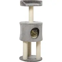 PawHut Arbre à chat griffoirs grattoirs sisal naturel arbre à grimper hauteur 103 cm niche plate-forme en peluche gris