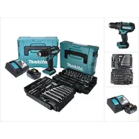 Makita DHP 482 RF1J Perceuse-visseuse à percussion sans fil 18 V + 120 pces accessoires + 1x batterie 3,0 Ah + chargeur + Makpac