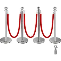Vevor 4 Poteaux de Guidage Séparation Argenté avec 3 Cordes Velours Rouges 1,5 m
