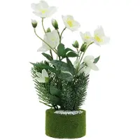 Viana Rose de Noël artificielle blanche, enneigée avec sapin dans une balle de mousse, 33cm décoration d'hiver