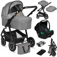 Lionelo Bianka 3in1 Poussette, siège auto, pliable, système de voyage Dossier réglable à 360o Sellerie de roues, canopy XXL-Gris