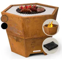 Blumfeldt Brasero Exterieur pour le Jardin, Brasero Grill Barbecue Gril, Couverture Pluie, Bol en Acier, Brasero Bbq Hexagonal avec Foyer Camping, Brûleur à Bois, Résistant aux Intempéries, Tisonnier