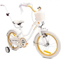 Sun baby Vélo de fille 16 pouces Cloche Roues supplémentaires Barre de poussée Heart Bike Blanc Or