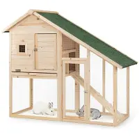 Lionto Clapier à lapins, clapier robuste à deux étages en bois avec toit en bitume, rampe & tiroir, 140x65x119 cm