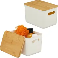 Relaxdays Boîte de rangement , lot de 2, couvercle, plastique, bambou, poignée, H x l x P : 16 x 26 x 17,5 cm, organiseur, blanc/naturel
