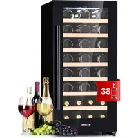 Klarstein Cave a Vin, Réfrigérateur à Vin avec Porte en Verre, Cave à Vin de Vieillissement, Zone Unique, Prosecco, Bière, Ecran Tactile, Réfrigérateur Bar, Frigo, Protection UV, 5-18°C, 38 Bouteilles