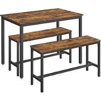 Vasagle Ensemble rustique de 3 salles à manger avec table et bancs Cadre en acier Design industriel