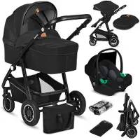 Lionelo Bianka 3in1 Poussette, siège auto, pliable, système de voyage Dossier réglable à 360o Sellerie de roues, canopy XXL-noir