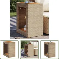 The Living Store Table d'appoint de jardin avec plateau en bois Beige Poly Rattan
