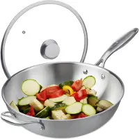 Relaxdays Wok , Ø 32 cm, acier inoxydable non revêtu, couvercle en verre, compatible avec les cuisinières à gaz, électriques et à induction, wok avec poignée, couleur argent
