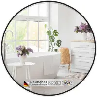 Floordirekt Miroir mural noir, Ø 50 cm miroir rond avec cadre noir en alliage d'aluminium, miroir WC, Bella