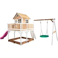 Axi Liam Maison Enfant Avec Bac À Sable, Balançoire Nid D’Oiseau Vert & Toboggan Violet | Aire De Jeux Pour L'Extérieur En Marron & Blanc |