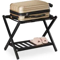 Relaxdays Porte-valises pliable , tabouret porte-valises en bois, dimensions : 54,5 x 66 x 44,5 cm, 2 étagères, rangement pour valises d'hôtel, noir