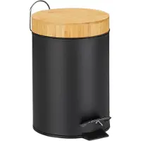 Relaxdays Poubelle de salle de bain , 3 l, poubelle cosmétique à fermeture automatique, couvercle en bambou, seau intérieur amovible, poubelle à pédale, noir