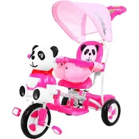 Ramiz Vélo enfant à trois roues Panda Rose + bruits + capote + barrière + repose-pieds + poignée + patins + espace de rangement