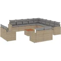 vidaXL Ensemble de salon de jardin 14 pièces avec coussins Beige Poly Rattan