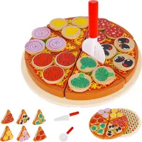 Kruzzel Set à pizza Accessoires en bois pour la cuisine des enfants et le magasin Comprend une planche à découper et un coupe-pizza 27 pièces 22471