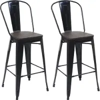 Mendler 2x tabouret de bar HWC-A73 avec siège en bois, chaise comptoir avec dossier, métal, design industriel noir