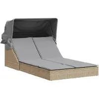 vidaXL Bain de soleil double avec toit et coussins Beige Poly Rattan