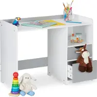 Relaxdays Bureau pour enfants , dimensions 60 x 80 x 38 cm, 2 tiroirs, compartiment ouvert, rebord, bureau pour enfants, blanc/gris
