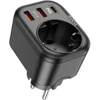 Hoco Chargeur secteur avec adaptateur de prise (NS3) - prise UE vers prise UE, 2xUSB-A, USB Type-C, QC 3.0, 3A, PD 20W - noir