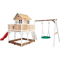 Axi Liam Maison Enfant Avec Bac À Sable, Balançoire Nid D’Oiseau Vert & Toboggan Rouge | Aire De Jeux Pour L'Extérieur En Marron & Blanc |