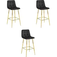 Leobert Lot de 3 tabourets Valora ARCETO - Velours noir et pieds dorés | Trio de tabourets modernes et glamour