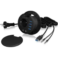 Raidsonic ICY BOX Hub de table, 4x USB-A 3.0, audio, prise Schuko, montage 80 mm, noir, 1 pièce.