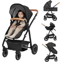 Lionelo Amber - Poussette combinée 3 en 1 - Set sportif, siège, nacelle fixe, siège auto, sac, moustiquaire, habillage pluie - Grey Graphite