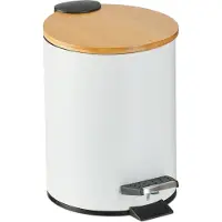 Relaxdays Poubelle de salle de bain , 3 l, poubelle cosmétique à fermeture automatique, couvercle en bambou, seau intérieur amovible, poubelle à pédale, blanche