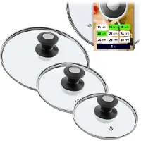 Kadax Couvercle de casserole "Barletta", set de couvercles résistants à la chaleur en verre avec poignée, trois tailles (16+18+20 cm)