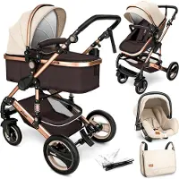 Kiduku Poussette combinée 3 en 1 Beige/Marron