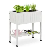 Relaxdays : bac surélevé, film plastique, tablette, H x L x P : 80 x 74 x 38 cm, jardin, balcon et terrasse, table de jardinage, bois de sapin, blanc