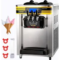 Vevor Machine à Crème Glacée Molle 22-30L/h Machine à Glace Molle avec Trémie 6L Sorbetière à Glace Pré-Réfrigération Décongélation en Un Clic 3 Saveurs pour Café Snack-bar Camion-restaurant