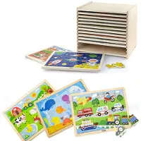 Vigatoys Viga Ensemble de puzzles en bois 12 puzzles de 24 pièces chacun sur un support