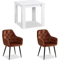 Homestyle4u Table 80x80 cm avec 2 Chaises Velours Marron Group Salle à Manger Table à Manger en Bois Blanc
