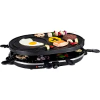 Alpina Switzerland alpina Gril de table électrique 1200W - Raclette 8 personnes avec 2 couches - avec 8 poêlons et 8 spatules - revêtement antiadhésif - poêlons 3 en 1, plaque de cuisson et gril en pierre - noir
